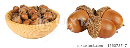 Brown acorn oak nut in wooden bowl isolated on white background Brown acorn oak nut in wooden bowl isolated on white background 136078747