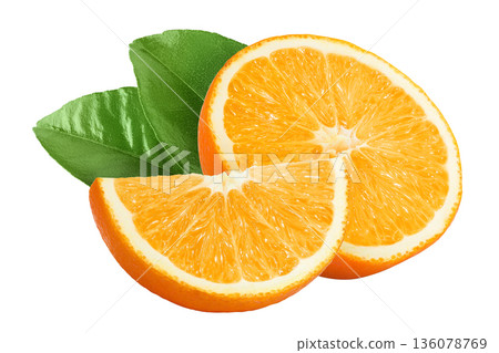 Orange fruit slices isolated on white background with full depth of field Orange fruit slices isolated on white background with full depth of field 136078769