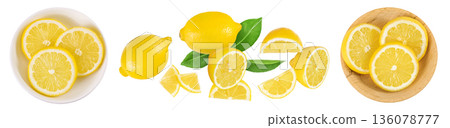 lemon slices in a bowl isolated on white background with full depth of field. Top view. Flat lay 136078777