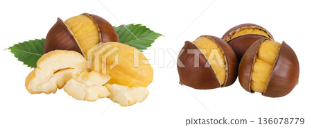 roasted peeled chestnut isolated on white background with full depth of field. roasted peeled chestnut isolated on white background with full depth of field. 136078779