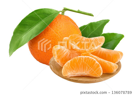 Tangerine or clementine slices in wooden bowl isolated on white background with full depth of field. Tangerine or clementine slices in wooden bowl isolated on white background with full depth of field. 136078789