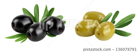 Black and green olives with leaves isolated on a white background with full depth of field. 136078791