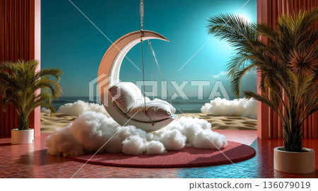 A hanging chair in the middle of a room with a view of the ocean 136079019
