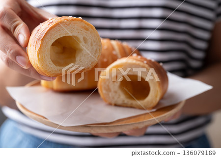 Salt bread (Shio pan) with sea salt flakes, Japanese bakery style Salt bread (Shio pan) with sea salt flakes, Japanese bakery style 136079189