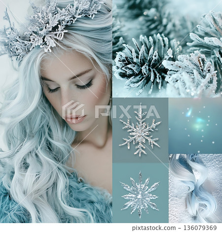 A woman with blue hair and a crown on her head 136079369