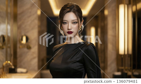 一位身穿黑色洋裝的優雅日本女子出現在豪華飯店走廊。 136079481