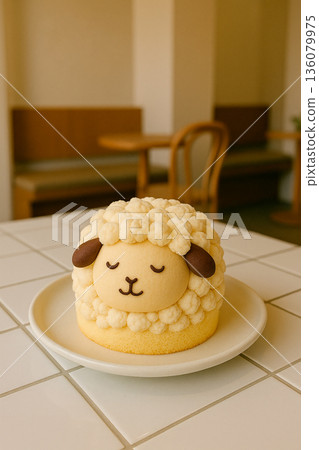 一款蓬鬆的、裝飾著綿羊圖案的蛋糕 136079975