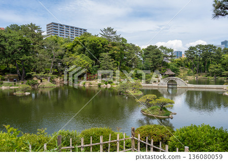 Traditional bridges in Shukkei-en Japanese garden in Hiroshima, Japan Traditional bridges in Shukkei-en Japanese garden in Hiroshima, Japan 136080059