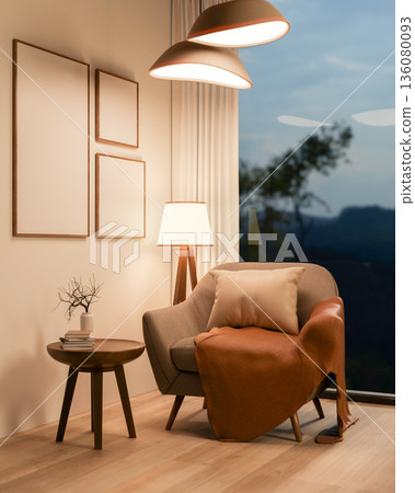Sofa chair with pillow and blanket and table aside floor lamp and blank frames in glass wall room. Sofa chair with pillow and blanket and table aside floor lamp and blank frames in glass wall room. 136080093
