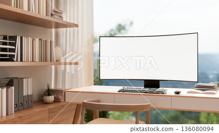 Blank curved screen computer on wooden table and chair aside bookshelf and glass window wall. Blank curved screen computer on wooden table and chair aside bookshelf and glass window wall. 136080094