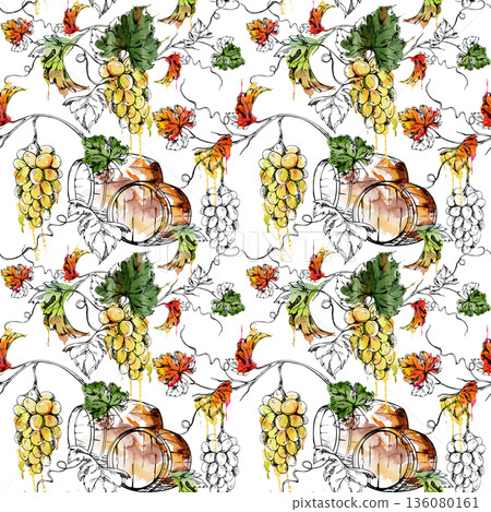 Vineyard cellar wooden barrels with overhanging grape fruit clusters and leaves on vine. Seamless pattern hand drawn in ink and watercolor for gift wrap, catalog accents, tourism and premium produce 136080161