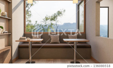 Wooden stool table and long bench with cushion pillows under glass window aside bookshelf in a cafe. Wooden stool table and long bench with cushion pillows under glass window aside bookshelf in a cafe. 136080318