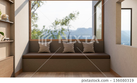 Leather long bench with cushion pillows under wide glass window aside bookshelf in wooden floor room Leather long bench with cushion pillows under wide glass window aside bookshelf in wooden floor room 136080319