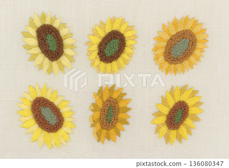 向日葵刺繡圖案套裝，包含6幅夏季植物插圖 136080347
