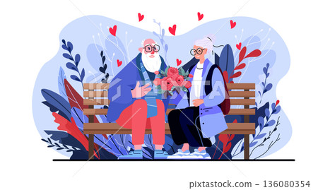 Senior couple valentine day love romance bouquet flowers sitting bench park hearts abstract foliage background website banner Senior couple valentine day love romance bouquet flowers sitting bench park hearts abstract foliage background website banner 136080354