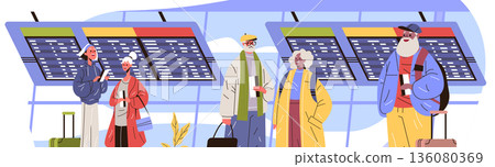 Active seniors airport travel elderly people luggage terminal flight information colorful modern background travel concept 136080369