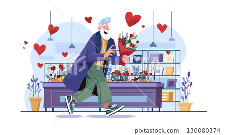Senior man buying flowers Valentines Day celebration cheerful elderly person holding bouquet in flower shop surrounded by hearts modern interior Senior man buying flowers Valentines Day celebration cheerful elderly person holding bouquet in flower shop surrounded by hearts modern interior 136080374