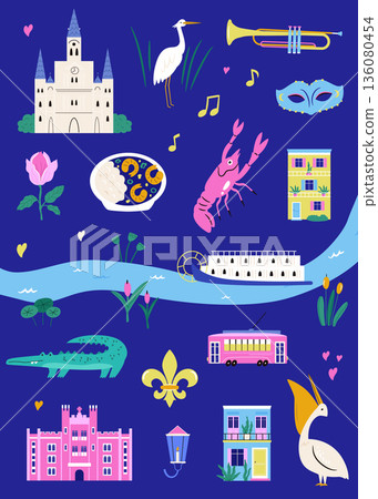 New Orleans Symbols Poster with Jazz Music, Mardi Gras, Architecture and Local Food. Cute Flat Vector Illustration New Orleans Symbols Poster with Jazz Music, Mardi Gras, Architecture and Local Food. Cute Flat Vector Illustration 136080454