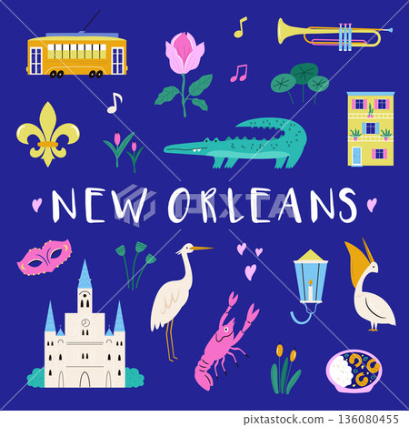 New Orleans Symbols Poster with Jazz Music, Mardi Gras, Architecture and Local Food. Cute Flat Vector Illustration New Orleans Symbols Poster with Jazz Music, Mardi Gras, Architecture and Local Food. Cute Flat Vector Illustration 136080455