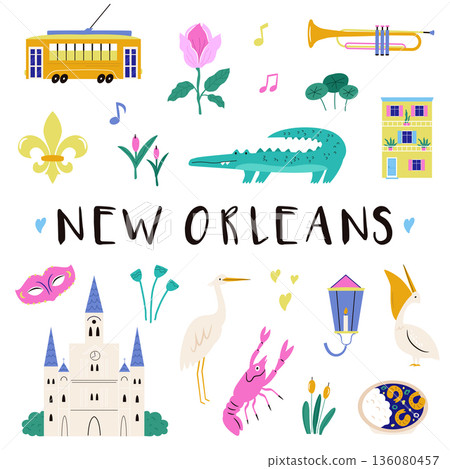 New Orleans Symbols Poster with Jazz Music, Mardi Gras, Architecture and Local Food. Cute Flat Vector Illustration 136080457