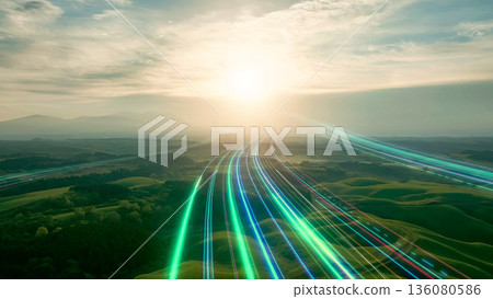 A band of light running across the earth towards the future, the road leading to tomorrow A band of light running across the earth towards the future, the road leading to tomorrow 136080586