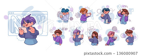 Smartphone Communication Cartoon Character Set 136080907