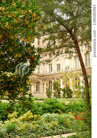 Jardin des Femmes Extraterrestres in Paris, France, with Arbutus unedo fruits against a classic European building 136080983
