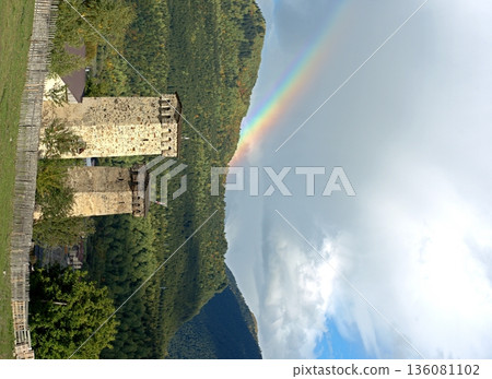 View of Svan towers against the rainbow in Mestia, Georgia, Svaneti. View of Svan towers against the rainbow in Mestia, Georgia, Svaneti. 136081102