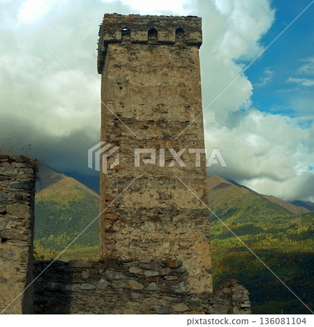 View of Svan towers in Mestia, Georgia, Svaneti. View of Svan towers in Mestia, Georgia, Svaneti. 136081104