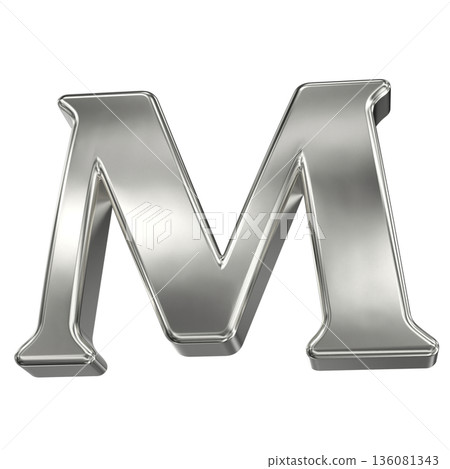 3d metal letter M with silver texture on white 3d metal letter M with silver texture on white 136081343