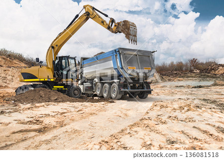 A loader excavator lifts dirt and places it onto a truck in a dry area. The ground is cracked, and clouds fill the sky above the work site A loader excavator lifts dirt and places it onto a truck in a dry area. The ground is cracked, and clouds fill the sky above the work site 136081518