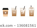 Vector illustration set of takeaway cafe latte in paper cup and cup with straw. 136081561