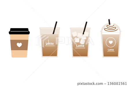 一組向量插圖，描繪了紙杯裝和帶有吸管的杯子裝的外帶咖啡拿鐵。 136081561