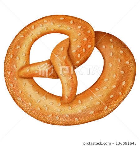 Watercolor illustration of a classic twisted pretzel (bretzel). Bakery product. Perfect for decorating German or European bakeries, menus, banners, recipes, and books. Watercolor illustration of a classic twisted pretzel (bretzel). Bakery product. Perfect for decorating German or European bakeries, menus, banners, recipes, and books. 136081643