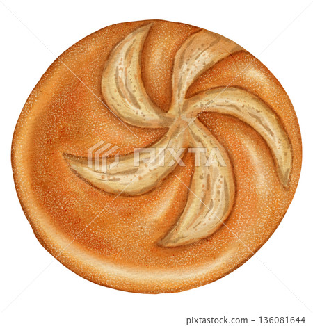 Watercolor illustration of a soft, round loaf of white bread. Bakery products. Perfect for bakery menus, food packaging, rustic kitchen decor, and simple, classic baking concepts. Watercolor illustration of a soft, round loaf of white bread. Bakery products. Perfect for bakery menus, food packaging, rustic kitchen decor, and simple, classic baking concepts. 136081644