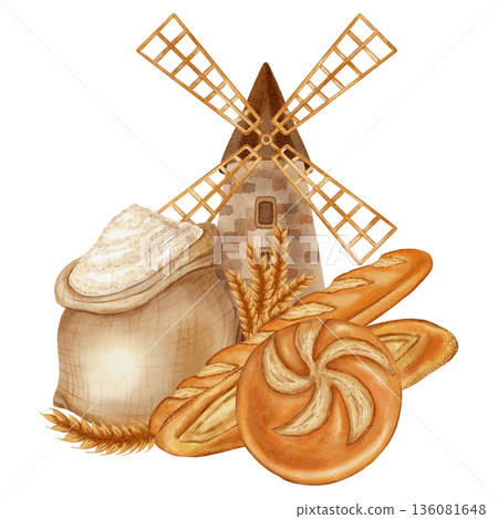 Watercolor illustration featuring a mill, flour, bread, buns, and a croissant. Ideal for branding, packaging, and harvesting, as well as advertising bakery, farm, organic products, cookbooks, recipes 136081648