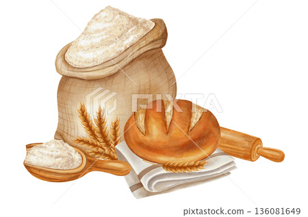 Watercolor illustration featuring a sack of flour, a rolling pin, ears of wheat, and a loaf of fresh bread on a napkin. Perfect for bakery branding, menu, food packaging, cookbooks, recipes 136081649