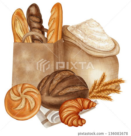 Watercolor illustration depicting a sack of flour and bread in a paper bag surrounded by various types of loaves and buns. Ideal for bakery branding, menus, food packaging, cookbooks, and recipes Watercolor illustration depicting a sack of flour and bread in a paper bag surrounded by various types of loaves and buns. Ideal for bakery branding, menus, food packaging, cookbooks, and recipes 136081678