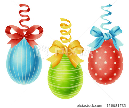 Set of watercolor illustrations featuring Easter eggs with a silk bow. Happy Easter! Perfect for spring holidays, greeting cards, seasonal decor, packaging, and textiles. Set of watercolor illustrations featuring Easter eggs with a silk bow. Happy Easter! Perfect for spring holidays, greeting cards, seasonal decor, packaging, and textiles. 136081783