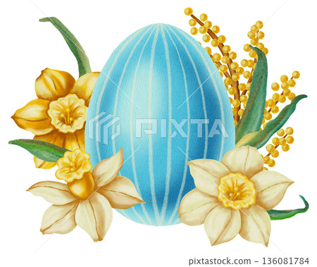 Watercolor illustration of an Easter egg surrounded by spring flowers tulips, daffodils, and mimosa. Happy Easter. Perfect for spring holidays, greeting cards, seasonal decor, packaging, and textiles Watercolor illustration of an Easter egg surrounded by spring flowers tulips, daffodils, and mimosa. Happy Easter. Perfect for spring holidays, greeting cards, seasonal decor, packaging, and textiles 136081784