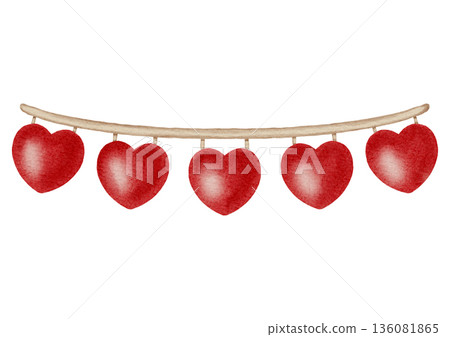 Charming watercolor heart garland decoration. Hand-drawn string of romantic hearts for Valentine's Day decor, weddings, and nursery art. Charming watercolor heart garland decoration. Hand-drawn string of romantic hearts for Valentine's Day decor, weddings, and nursery art. 136081865