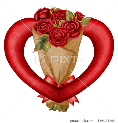 A hand-drawn watercolor illustration featuring a bouquet of roses, hearts, letters, and parchment. Perfect for romantic Valentine's Day designs, wedding invitations, packaging, and textiles. 136081868