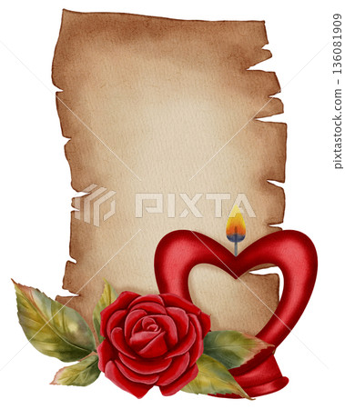 A watercolor illustration of a vintage parchment scroll with red roses and a heart-shaped candle. Perfect for Valentine's Day cards, romantic prints, holiday branding, packaging, and textiles. A watercolor illustration of a vintage parchment scroll with red roses and a heart-shaped candle. Perfect for Valentine's Day cards, romantic prints, holiday branding, packaging, and textiles. 136081909