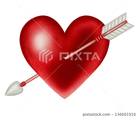Watercolor illustration of a red heart pierced by an arrow. Perfect for Valentine's Day cards, romantic stationery, holiday branding, packaging, and textiles. Watercolor illustration of a red heart pierced by an arrow. Perfect for Valentine's Day cards, romantic stationery, holiday branding, packaging, and textiles. 136081910