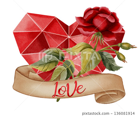 Watercolor illustration of a red heart surrounded by red roses with a vintage ribbon. Perfect for Valentine's Day cards, romantic stationery, holiday branding, packaging, and textiles. 136081914