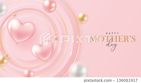 3D stereoscopic circular frame with heart-shaped balloons, vector image for Mother's Day banners, posters, flyers, and backgrounds; also suitable for Women's Day, Valentine's Day, anniversaries, and weddings. 136081917