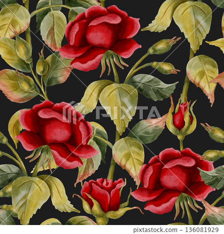 Elegant seamless pattern with hand-drawn watercolor red roses. Perfect for Valentine's Day, weddings, romantic gift wrapping, and floral textile prints. Elegant seamless pattern with hand-drawn watercolor red roses. Perfect for Valentine's Day, weddings, romantic gift wrapping, and floral textile prints. 136081929