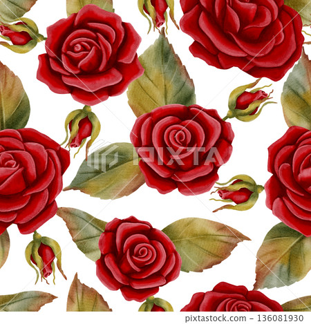 Elegant seamless pattern with hand-drawn watercolor red roses. Perfect for Valentine's Day, weddings, romantic gift wrapping, and floral textile prints. 136081930
