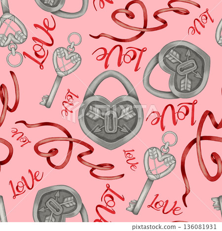 Watercolor seamless pattern with heart locks, keys and love lettering. Perfect for Valentine's Day designs, gift wrap, packaging, stationery, cafes, shops, menus and romantic branding. 136081931