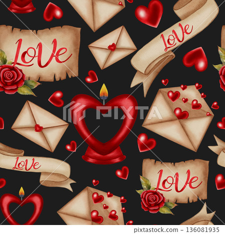 Cozy watercolor seamless pattern with heart-shaped candles, love letters, and red roses. Ideal for Valentine's Day, romantic card, packaging, wrapping paper, party decor, cafes, shops and festive menu 136081935